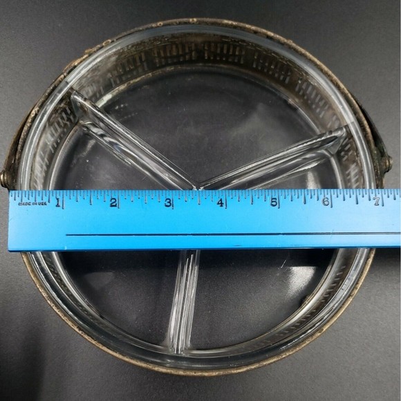 Art Nouveau Divided Glass Bowl with Distressed Silver Plate Holder Candy Snacks - Picture 5 of 16